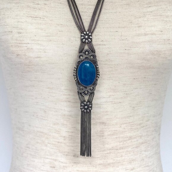 VTG Silver 950 FUAT Blue Quartz Turkish Triple Foxtail Chain Tassel Necklace 49g - Picture 5 of 16